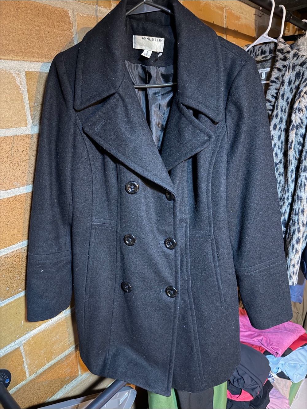 Anne Klein Black Double-Breasted Wool Peacoat Size Large
